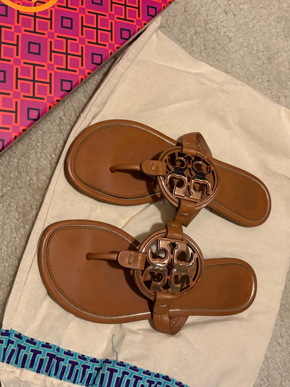 Tory Burch Brown Leather Logo Thong Sandals